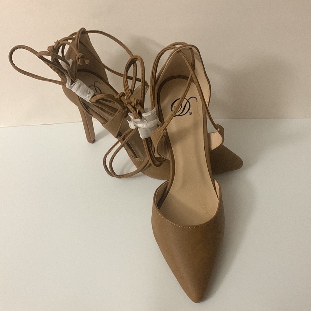 Womens Tan Ankle Stiletto Lace-Up Dress Pumps 7